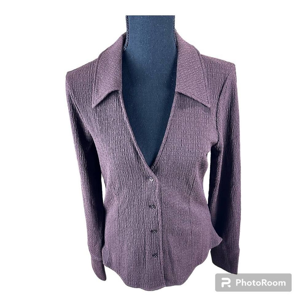 Who What Wear brown Kenna v-neck collared blouse slub polyester top SZ MED